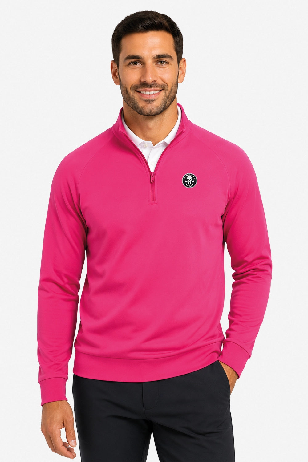 Pull de golf homme rose à demi-zip col montant, logo poitrine, manches longues