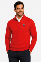 Pull de golf homme rouge à demi-zip, col montant, manches longues, logo poitrine