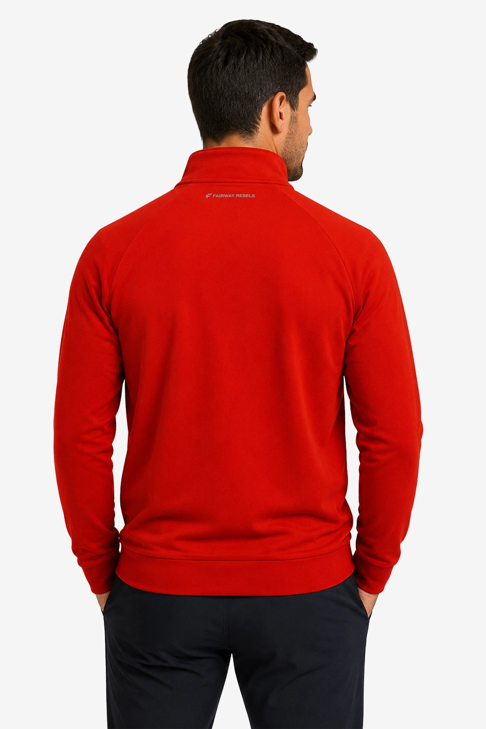 Pull de golf homme rouge à demi-zip, col montant, dos avec logo discret