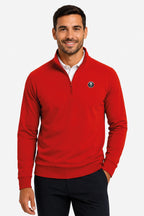 Pull de golf homme rouge à demi-zip col montant, logo poitrine, manches longues