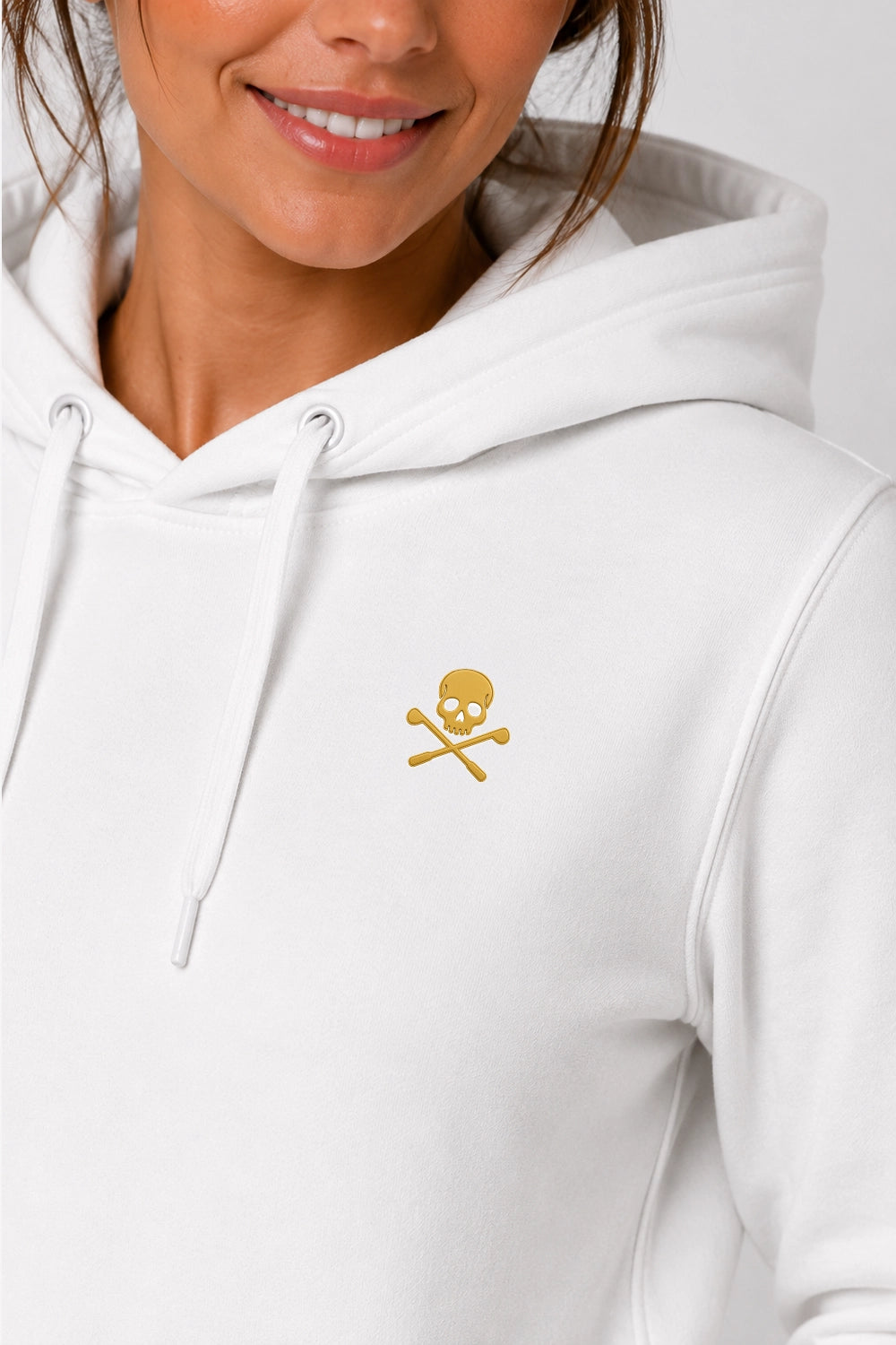 Sweat-shirt à capuche blanc, petit motif tête et os sur la poitrine
