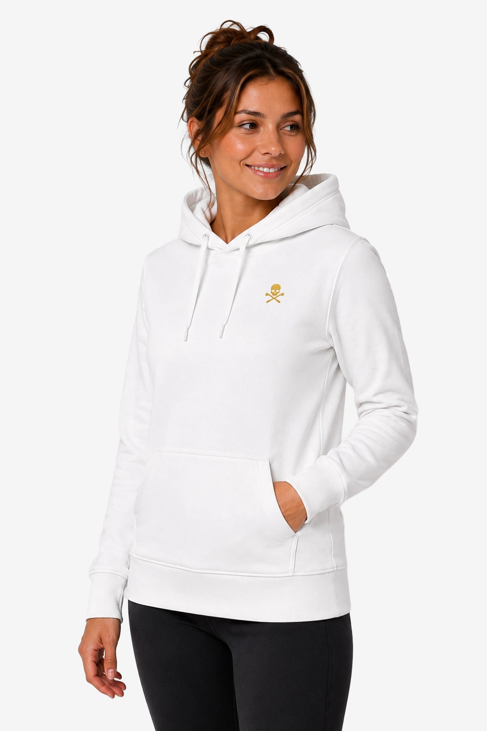 Sweat-shirt femme blanc à capuche, petit écusson doré sur la poitrine