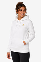 Sweat-shirt femme blanc à capuche, petit écusson doré sur la poitrine