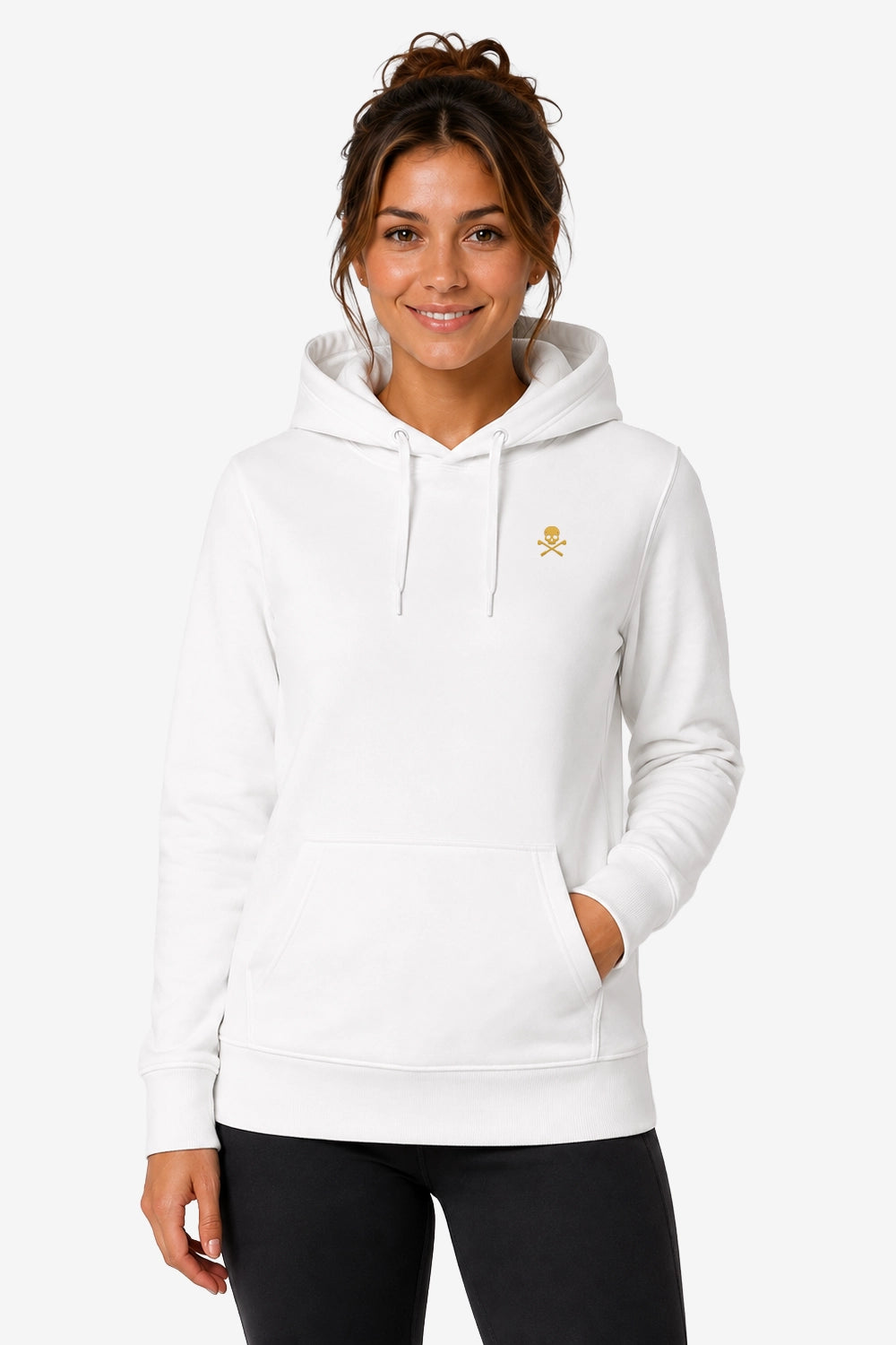 Sweat-shirt femme blanc à capuche, poche kangourou et cordons