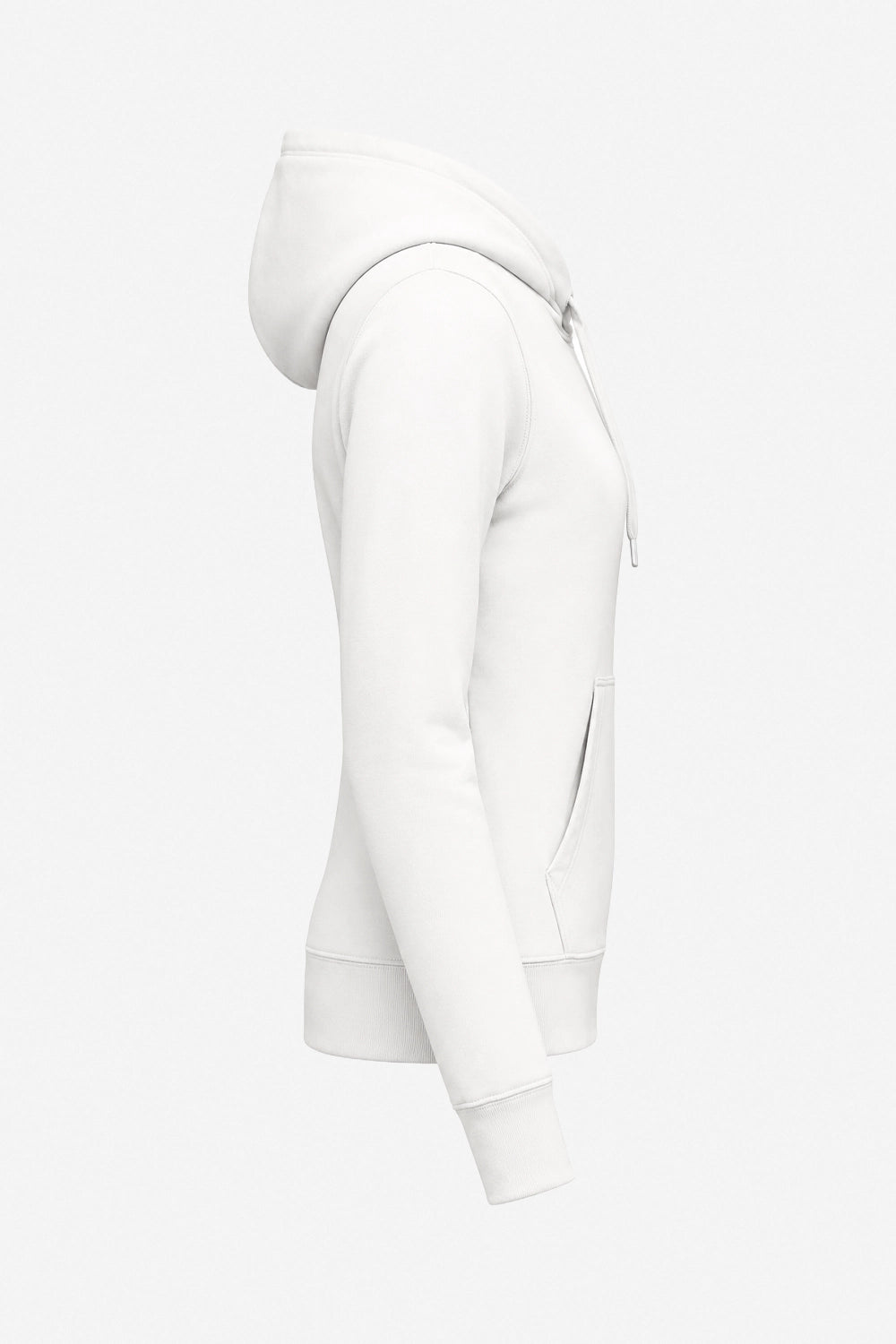 Sweat-shirt blanc à capuche, vue de côté, manches longues et poche