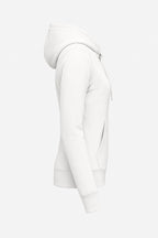 Sweat-shirt blanc à capuche, vue de côté, manches longues et poche