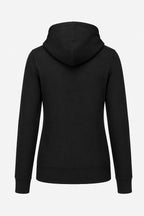 Sweat à capuche femme noir, manches longues, capuche et cordons.