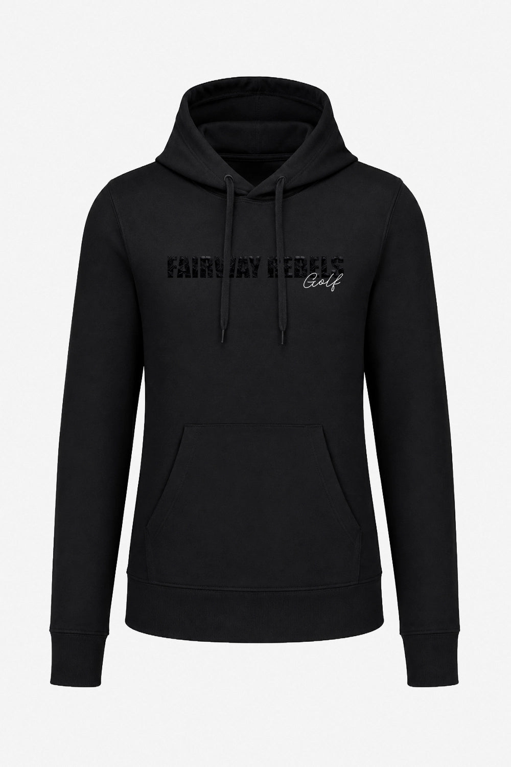 Sweat à capuche femme noir, vue de face, poche kangourou et cordons.