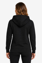 Sweat à capuche femme noir, vue de dos, capuche avec cordons et poche kangourou.
