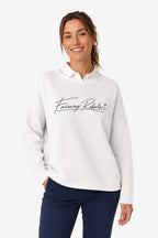 Sweat-shirt de golf pour femme ample blanc, encolure ronde et logo poitrine au trait.
