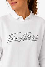 Sweat-shirt de golf pour femme ample blanc, gros plan col et logo brodé au trait.