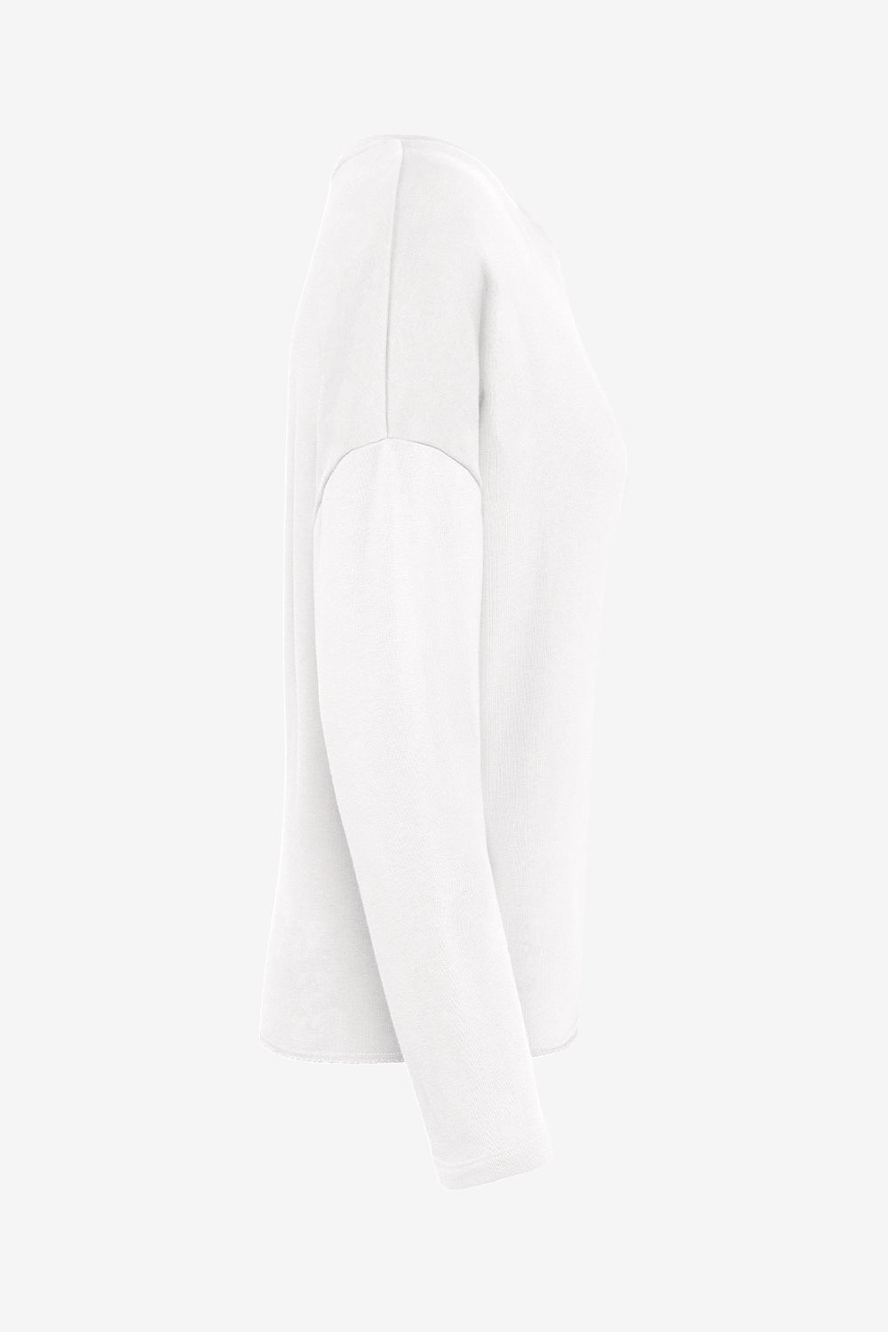 Sweat-shirt de golf pour femme ample blanc, vue côté avec manche longue et couture nette.