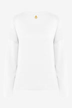Sweat-shirt de golf pour femme ample blanc, vue dos avec petit logo central sur le haut.
