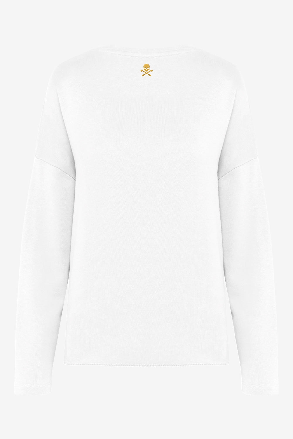 Sweat-shirt de golf pour femme ample blanc, vue dos avec petit logo central sur le haut.