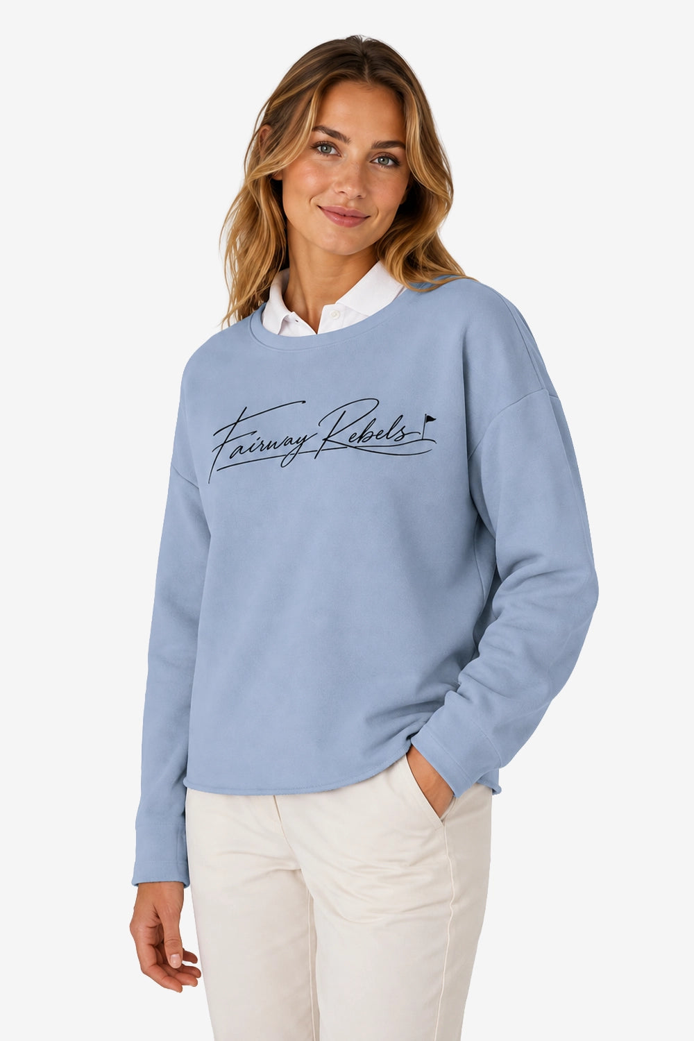Sweat-shirt de golf pour femme ample bleu ciel, logo poitrine au trait et col cheminée.