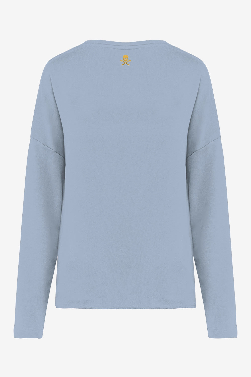 Sweat de golf femme ample bleu ciel, vue dos avec petit emblème jaune.