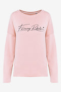 Sweat-shirt de golf femme ample rose, manches longues, encolure ronde, imprimé signature.
