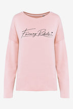 Sweat-shirt de golf femme ample rose, manches longues, encolure ronde, imprimé signature.