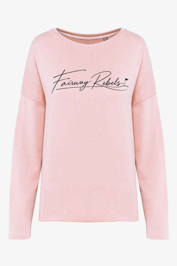 Sweat-shirt de golf femme ample rose, manches longues, encolure ronde, imprimé signature.