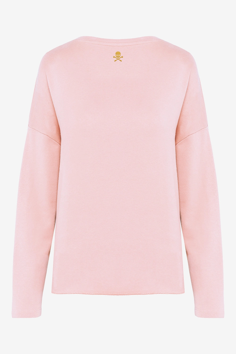 Sweat de golf femme ample rose, vue dos avec petit emblème jaune.