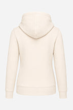 Sweat-shirt à capuche beige femme, avec cordons et couture centrale visible.