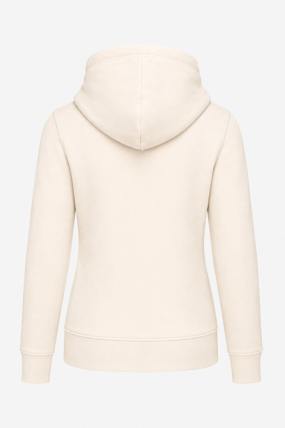 Sweat-shirt à capuche beige femme, avec cordons et couture centrale visible.