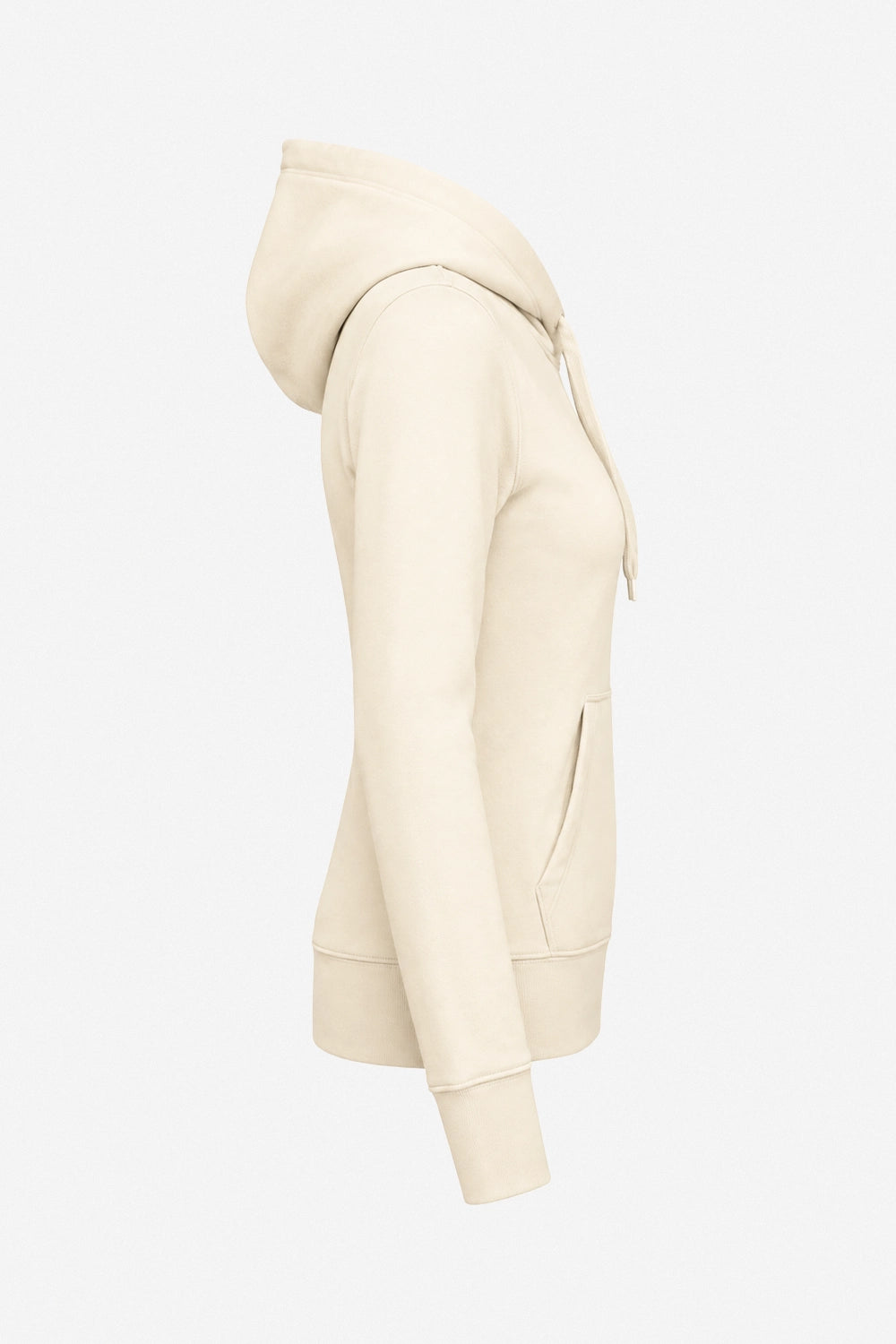 Sweat-shirt à capuche beige femme, vue de côté, poche kangourou et cordons.