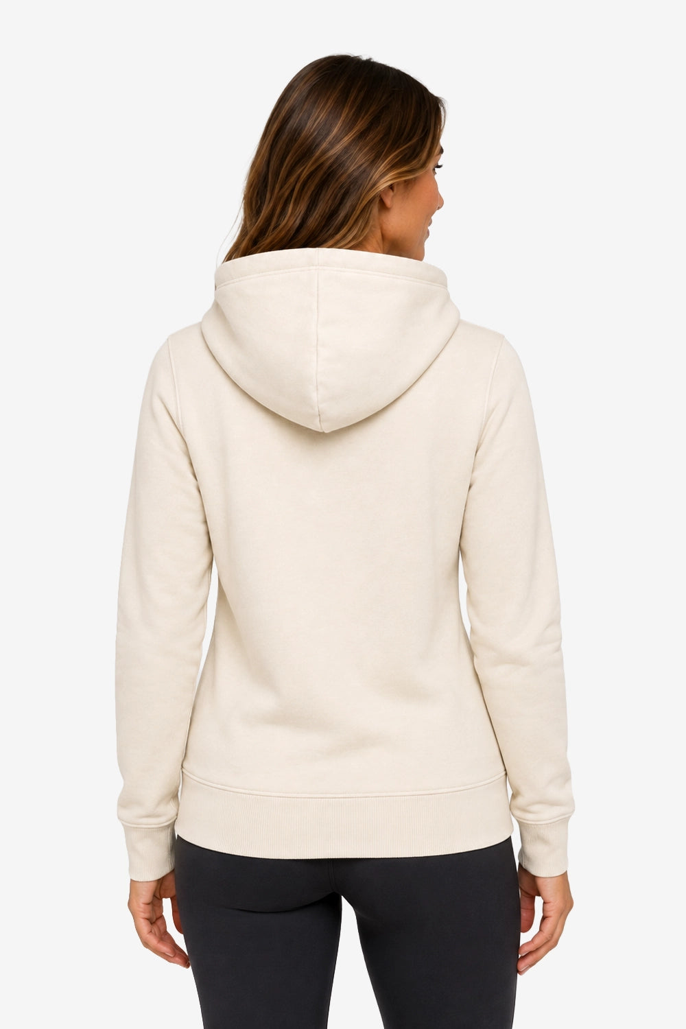 Sweat-shirt à capuche beige femme, vue de dos, cordons et couture centrale.
