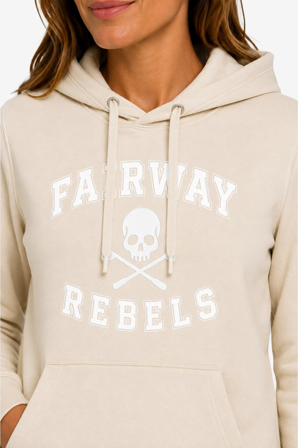 Sweat-shirt à capuche beige femme, imprimé « FAIRWAY REBELS » sur le devant.