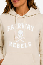 Sweat-shirt à capuche beige femme, imprimé « FAIRWAY REBELS » sur le devant.