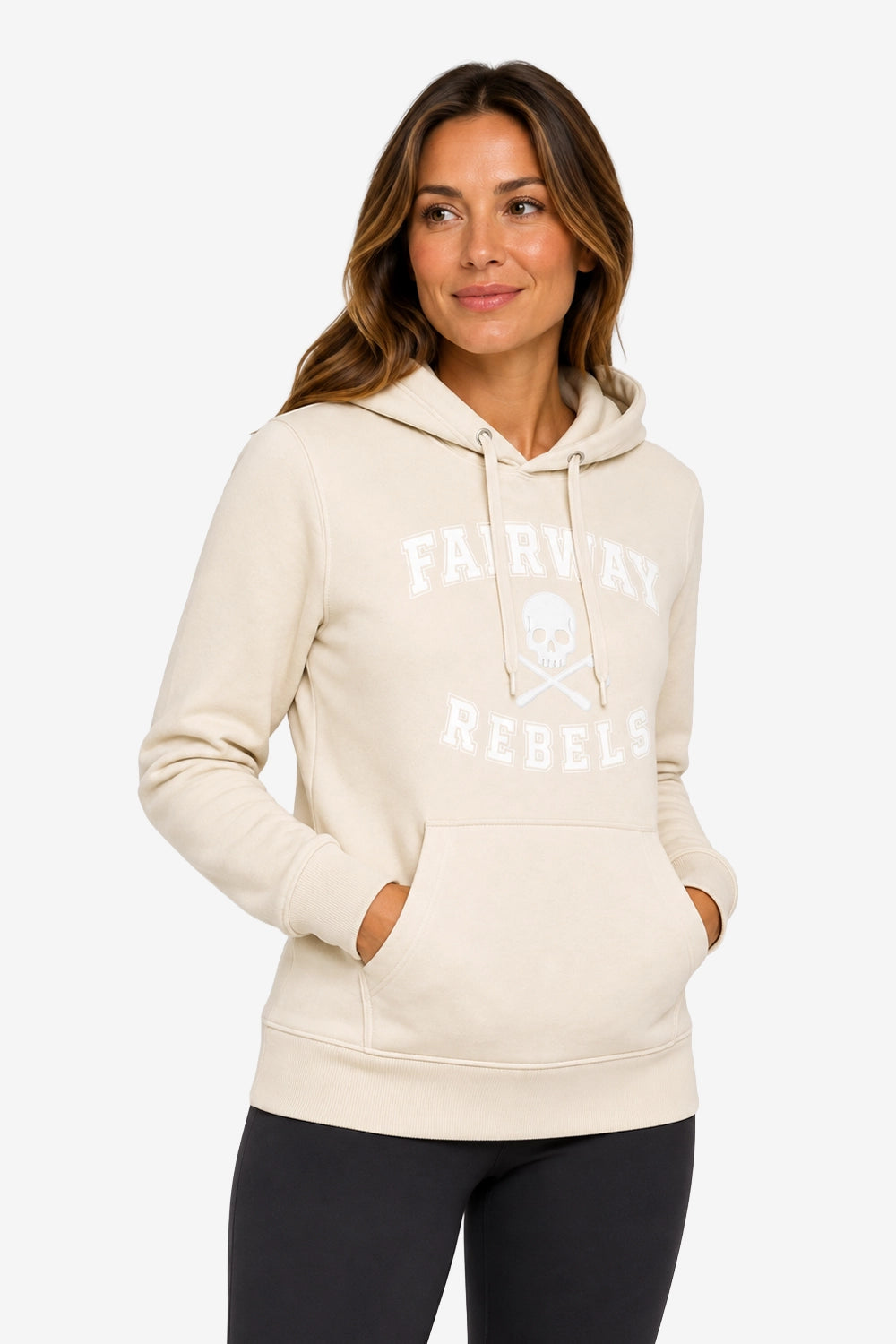 Sweat-shirt à capuche beige femme, cordons et imprimé « FAIRWAY REBELS ».