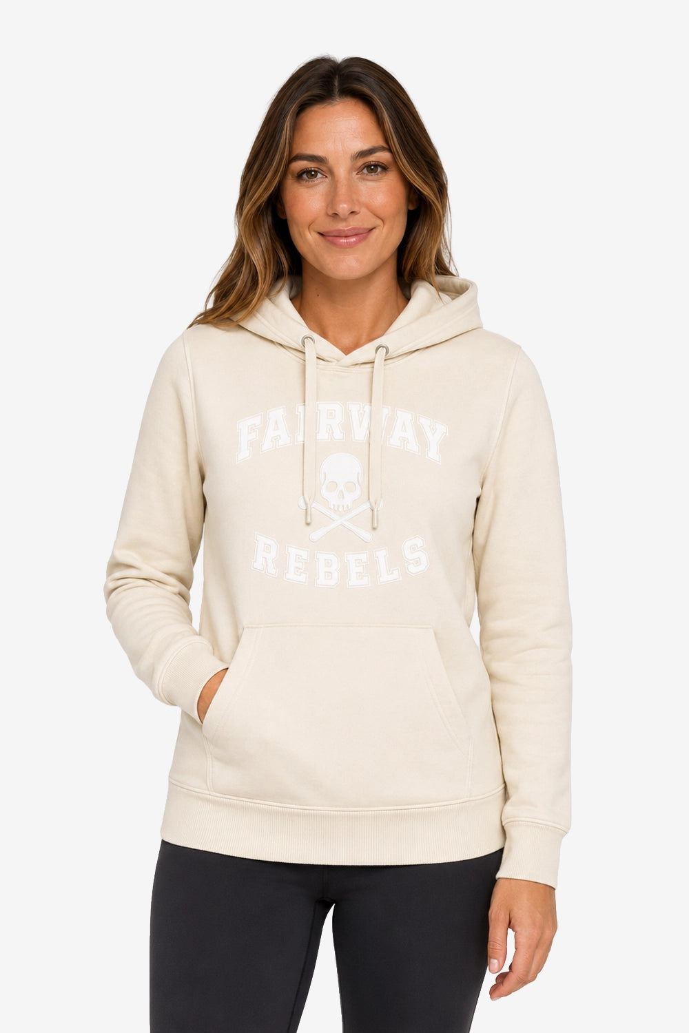 Sweat-shirt à capuche beige femme, logo « FAIRWAY REBELS » et poche kangourou.
