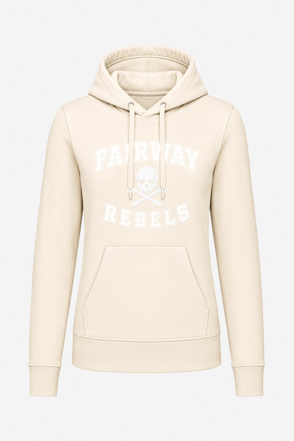 Sweat-shirt à capuche beige femme, imprimé crâne « FAIRWAY REBELS » au centre.