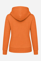 Sweat-shirt à capuche orange femme, vue de dos, cordons de capuche.