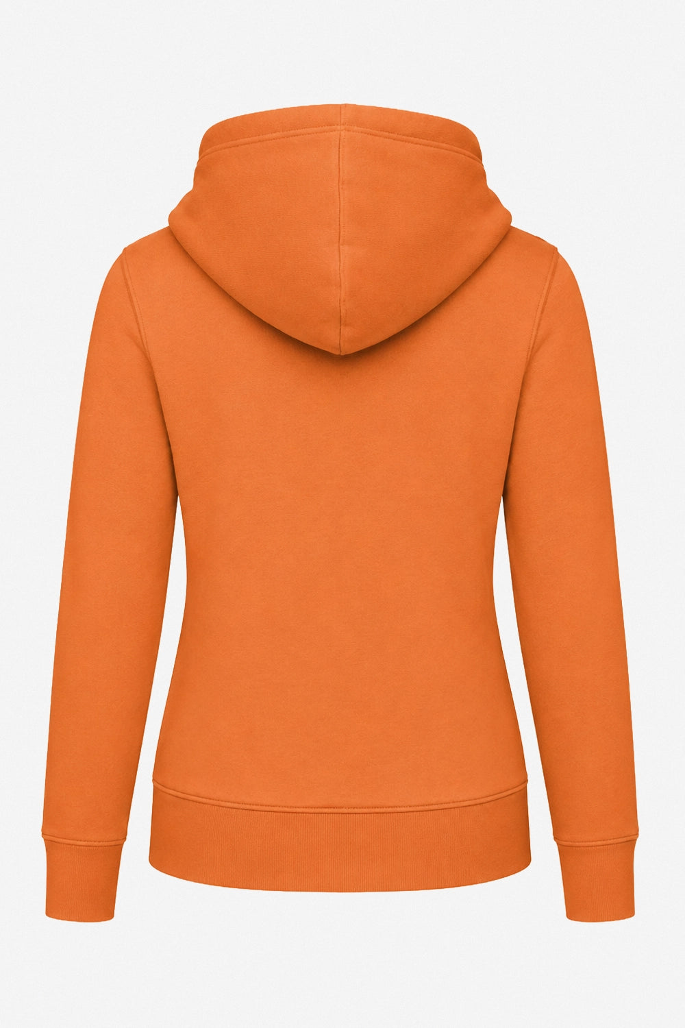 Sweat-shirt à capuche orange femme, vue de dos, cordons de capuche.