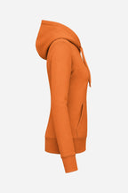 Sweat-shirt à capuche orange femme, vue de côté, poche kangourou et cordons.