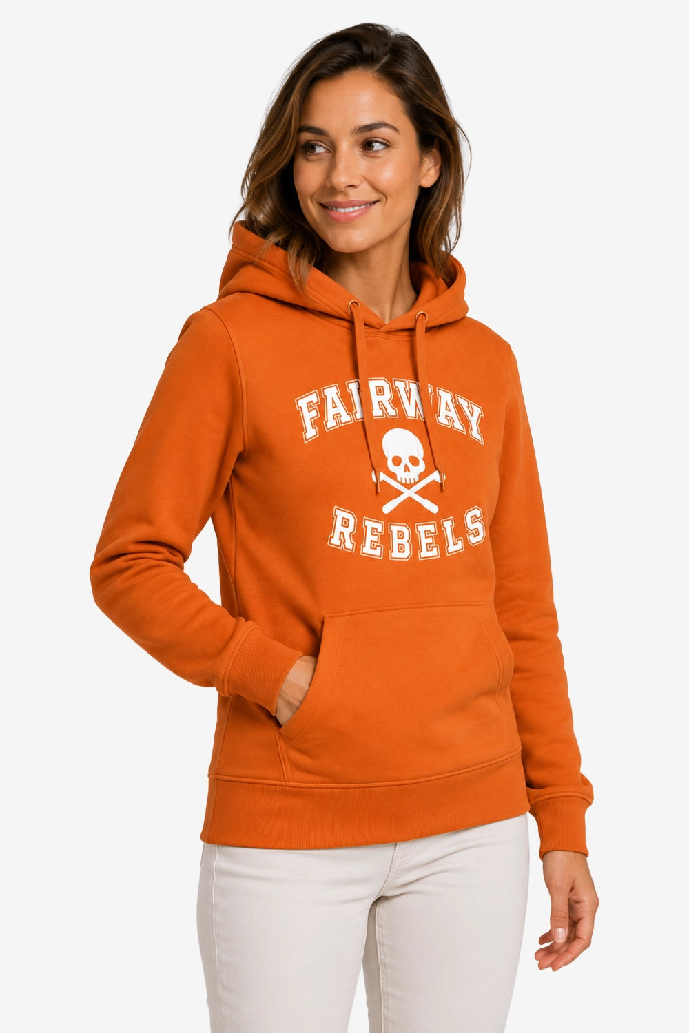 Sweat-shirt à capuche orange femme, imprimé « FAIRWAY REBELS » et cordons.