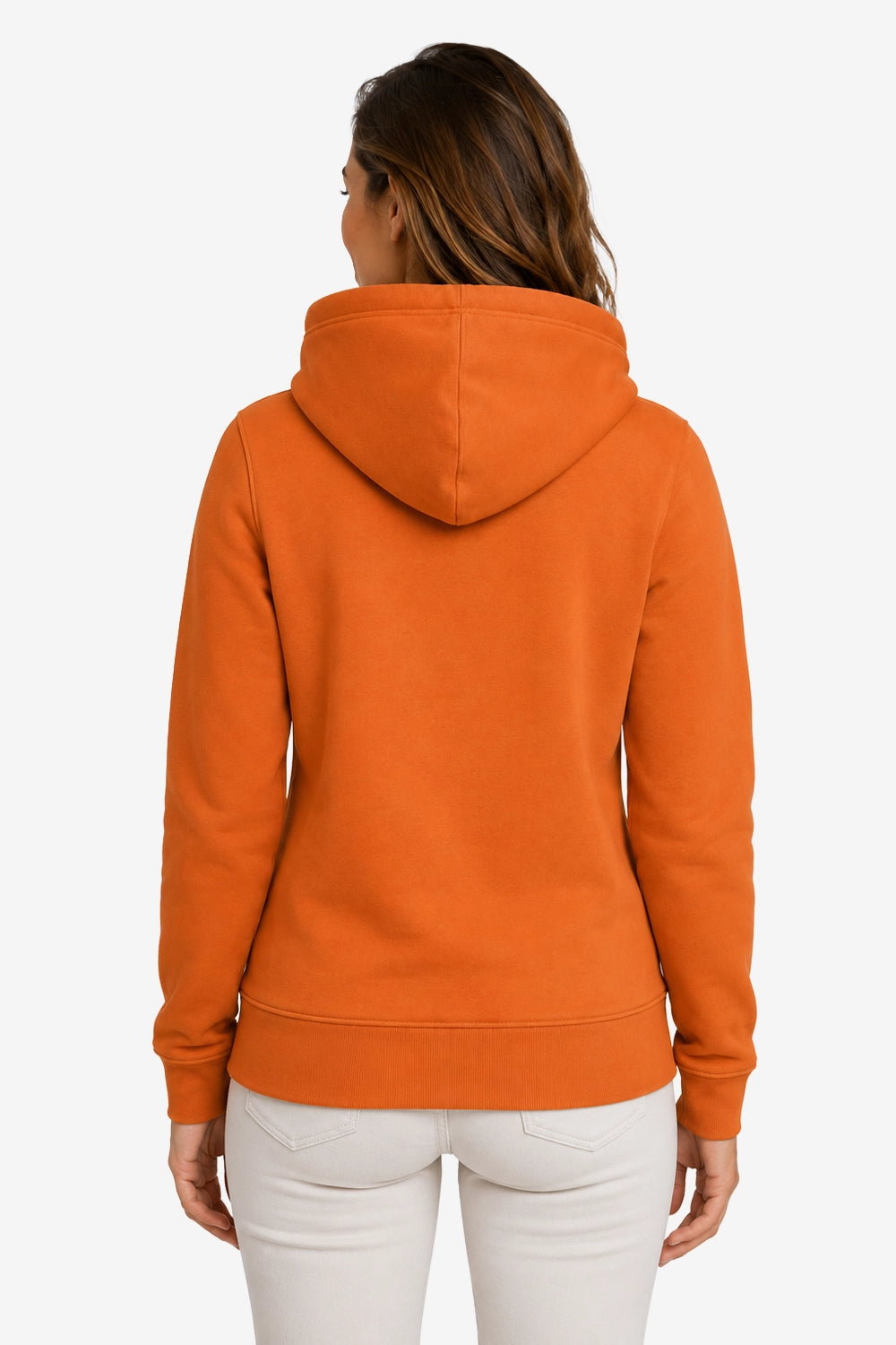 Sweat à capuche orange pour femme, poches kangourou, dos avec coutures visibles