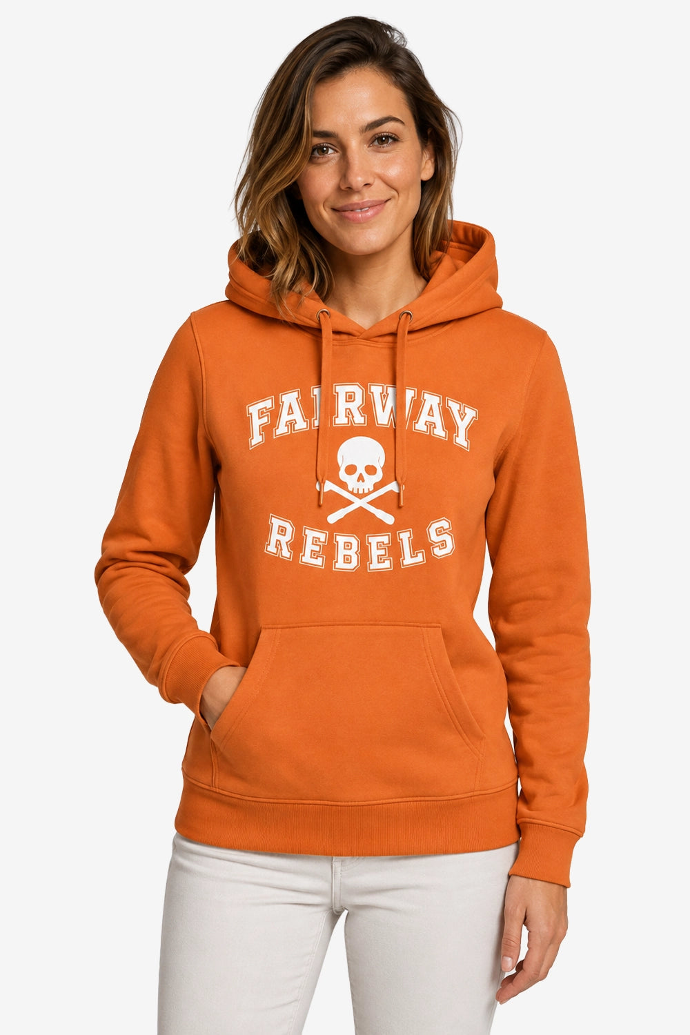 Sweat à capuche orange pour femme avec logo imprimé “FAIRWAY REBELS” sur le devant