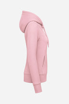 Sweat à capuche rose pâle pour femme, vue de profil avec capuche et poche