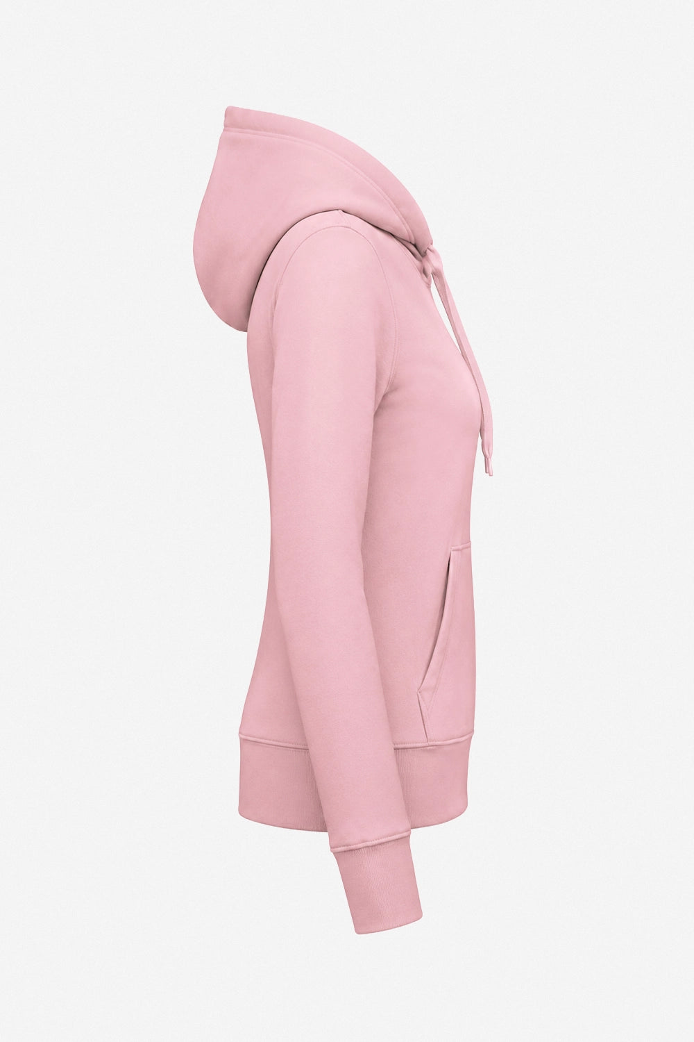 Sweat à capuche rose pâle pour femme, vue de profil avec capuche et poche