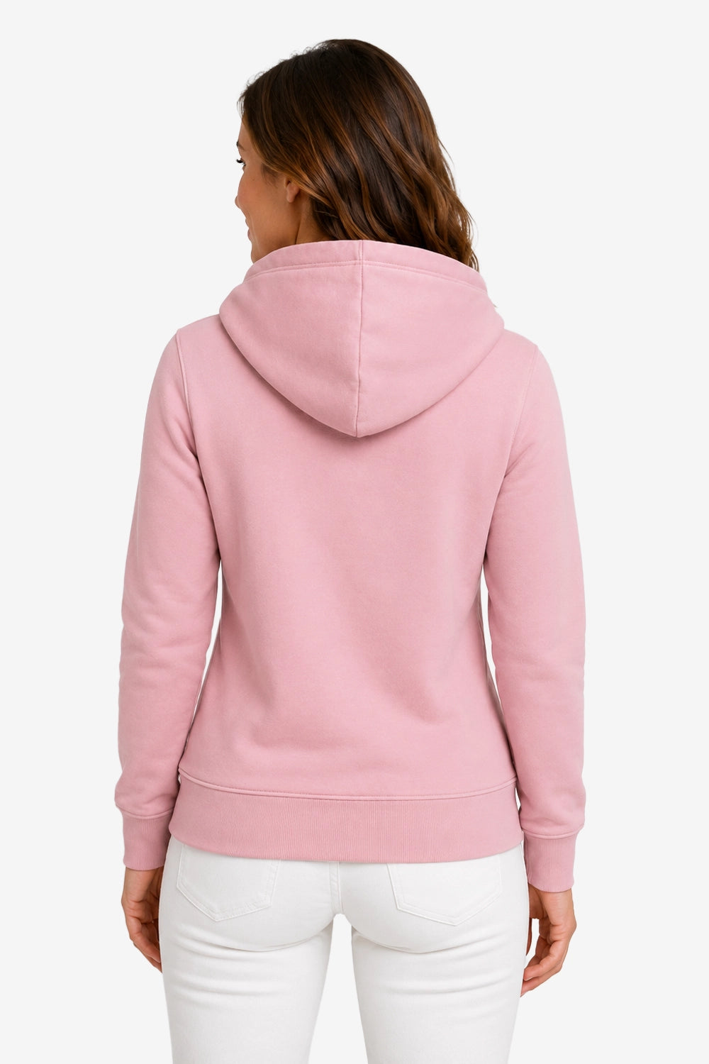 Sweat à capuche rose pâle pour femme, vue de dos avec capuche et ourlet