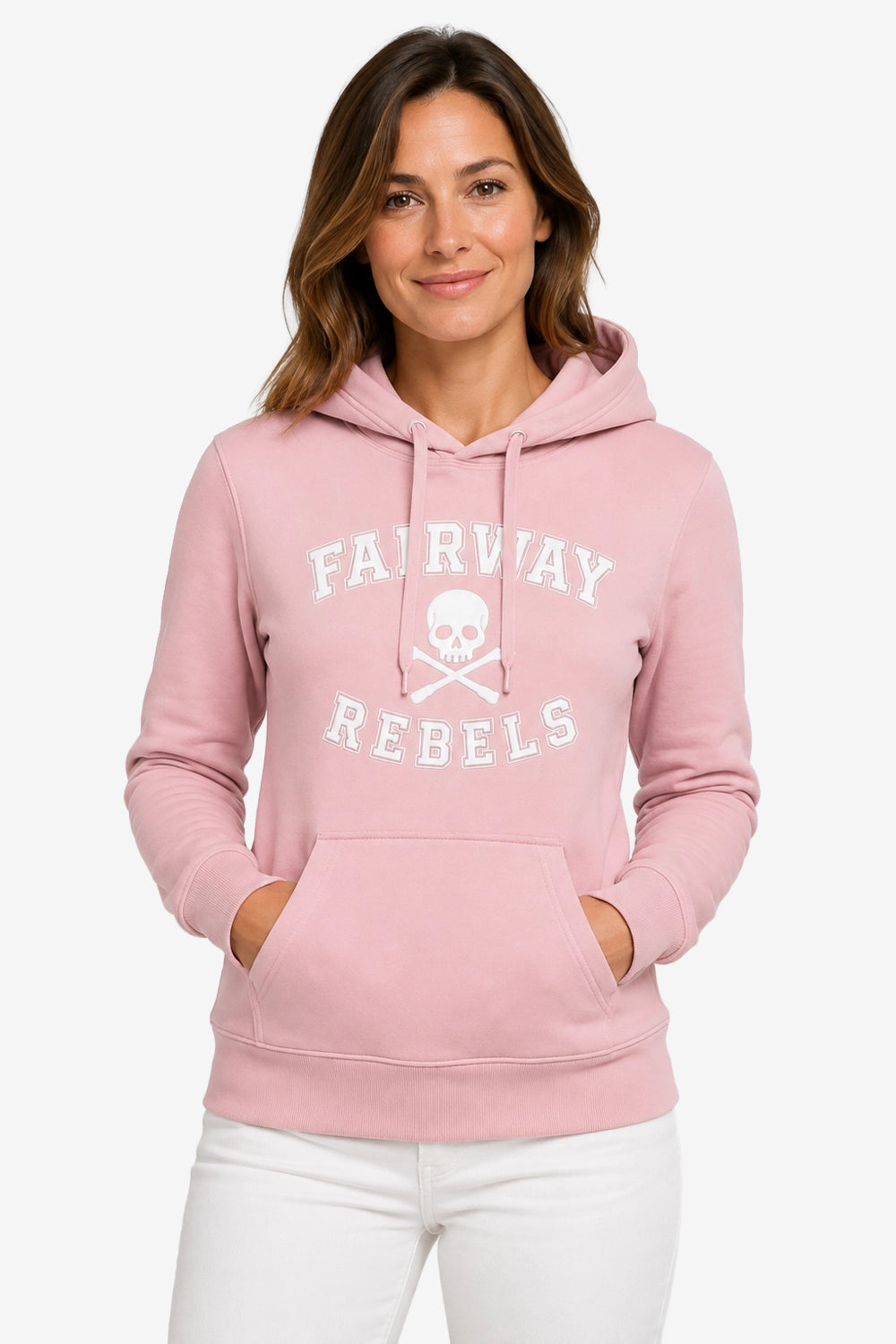Sweat à capuche rose pâle femme, logo “FAIRWAY REBELS” sur le devant et poche