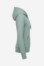 Sweat à capuche femme vert sauge, vue de côté, poche kangourou et bordures côtelées