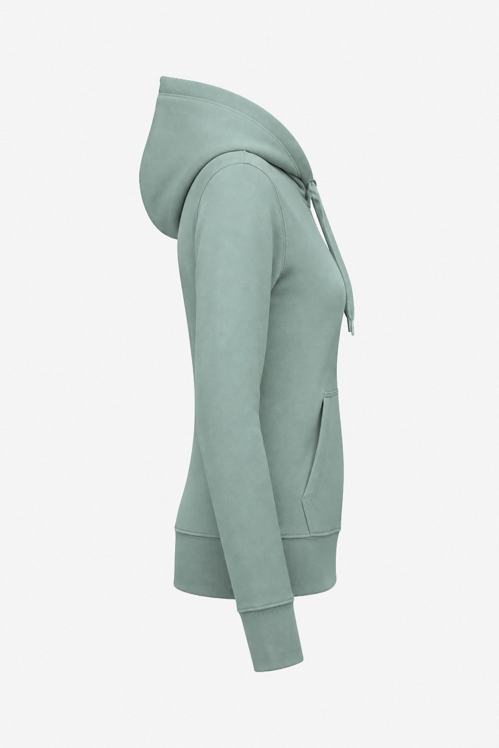 Sweat à capuche femme vert sauge, vue de côté, poche kangourou et bordures côtelées