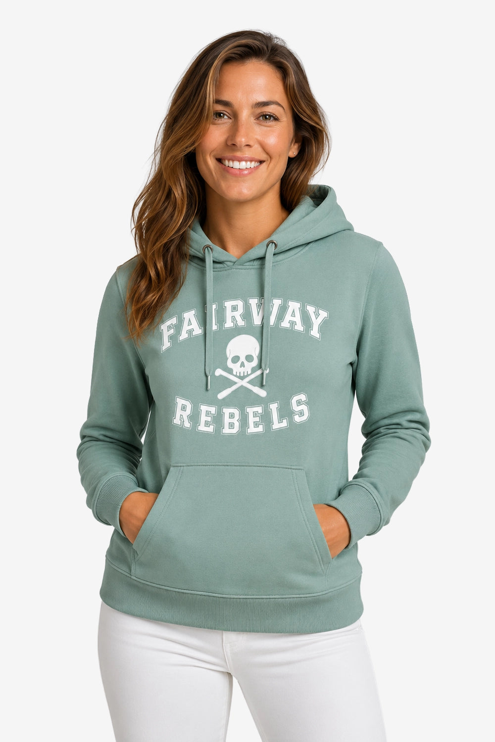 Sweat à capuche femme vert sauge avec imprimé "FAIRWAY REBELS" et cordons de capuche