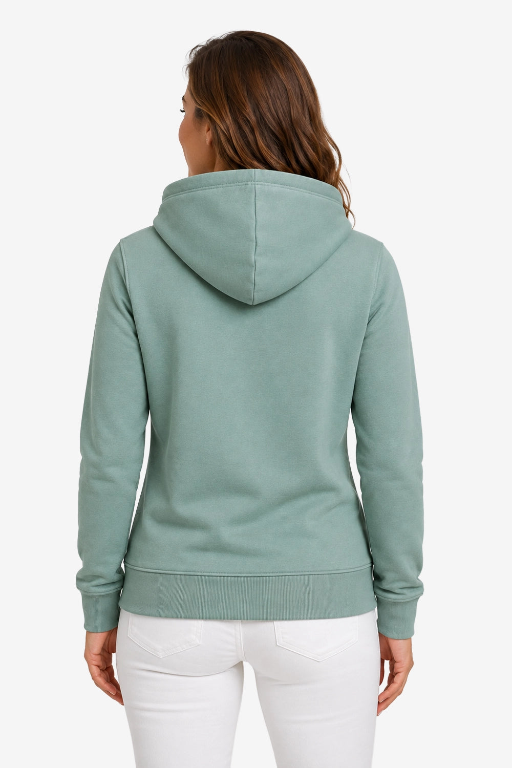 Sweat à capuche femme vert sauge, vue de dos, capuche et bordures côtelées