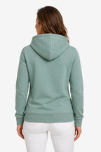Sweat à capuche femme vert sauge, vue de dos, capuche et bordures côtelées