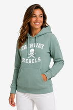 Sweat à capuche femme vert sauge, imprimé "FAIRWAY REBELS" et poche kangourou