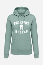 Sweat à capuche femme vert sauge, poche kangourou et imprimé "FAIRWAY REBELS"